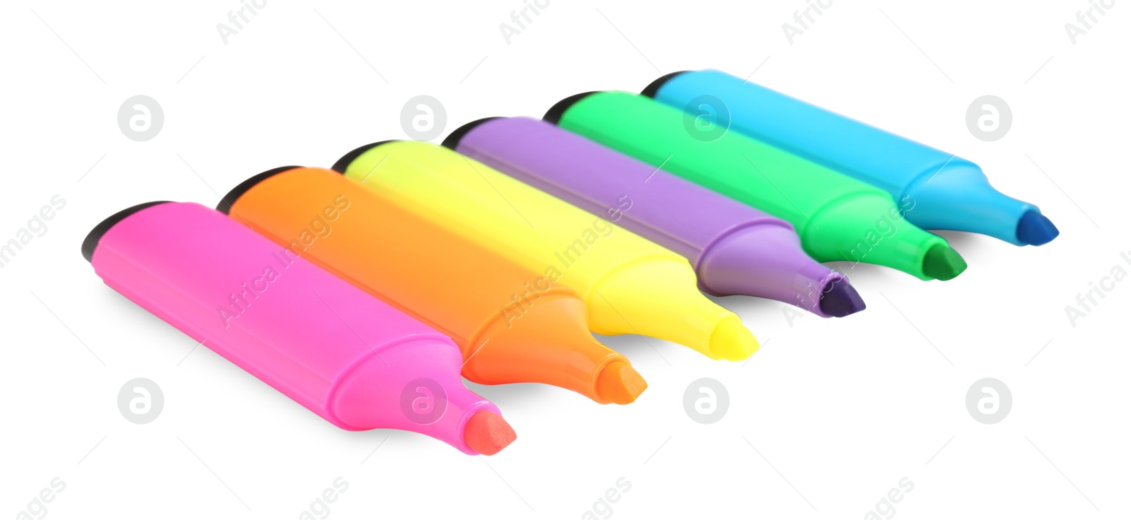 Photo of Bright highlighters isolated on white. School supply