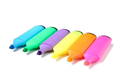 Photo of Bright highlighters isolated on white. School supply