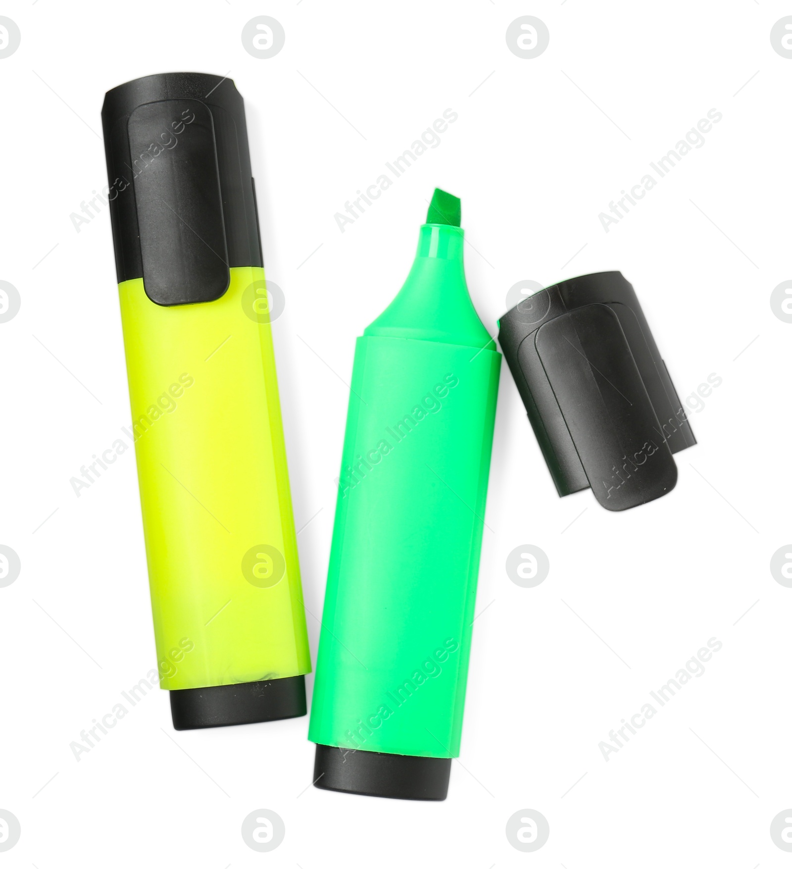 Photo of Bright highlighters isolated on white, top view