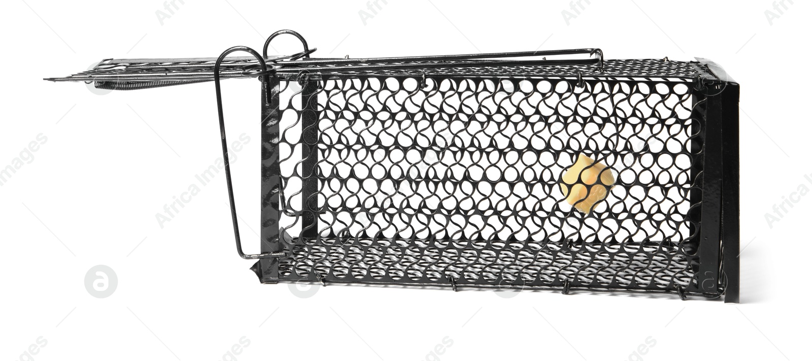 Photo of One metal mouse trap with bait isolated on white