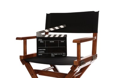 Photo of Director's chair with clapperboard isolated on white