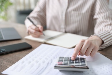 Photo of Budget. Woman with paperwork and calculator at wooden desk indoors, closeup