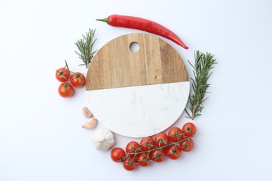 Photo of Cutting board with tomatoes and spices isolated on white, top view