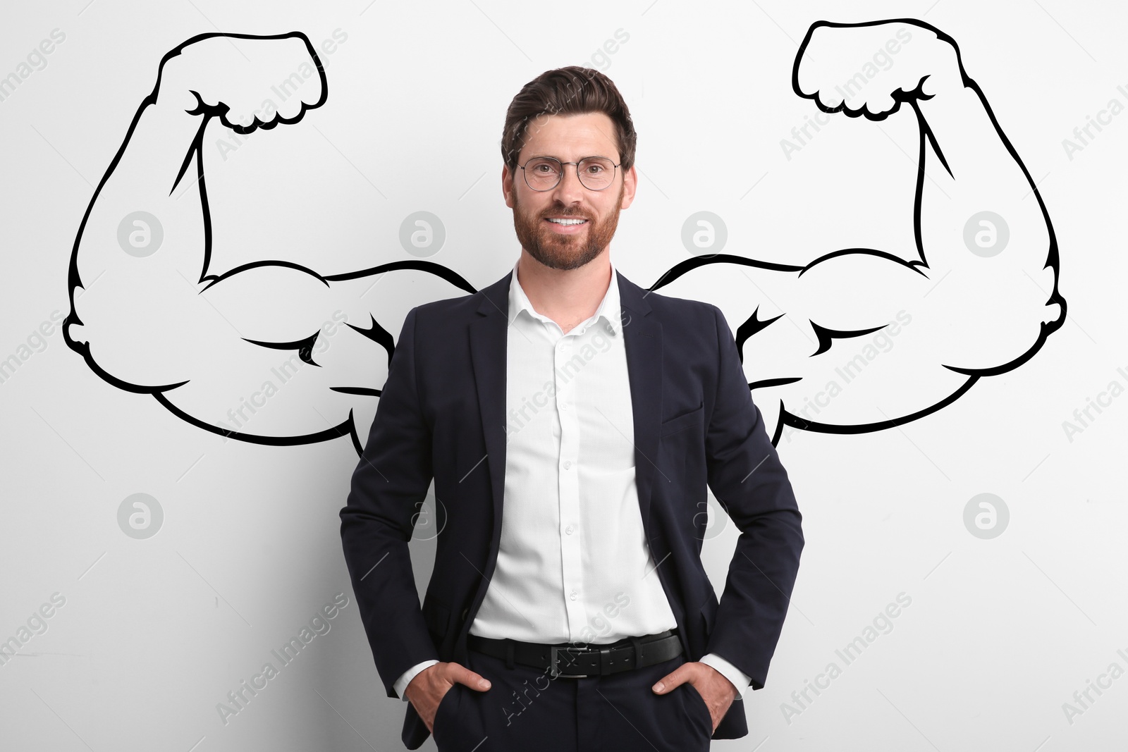 Image of Confident businessman with drawing of strong arms behind him on white background