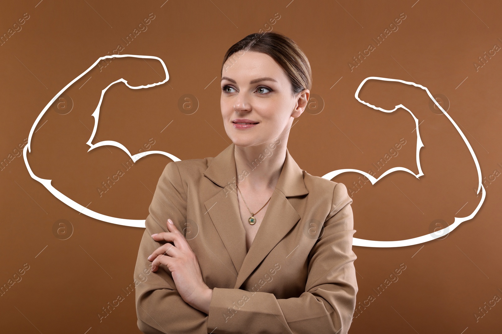 Image of Confident businesswoman with drawing of strong arms behind her on brown background