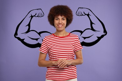 Image of Beautiful woman with drawing of strong arms behind her on dark violet background