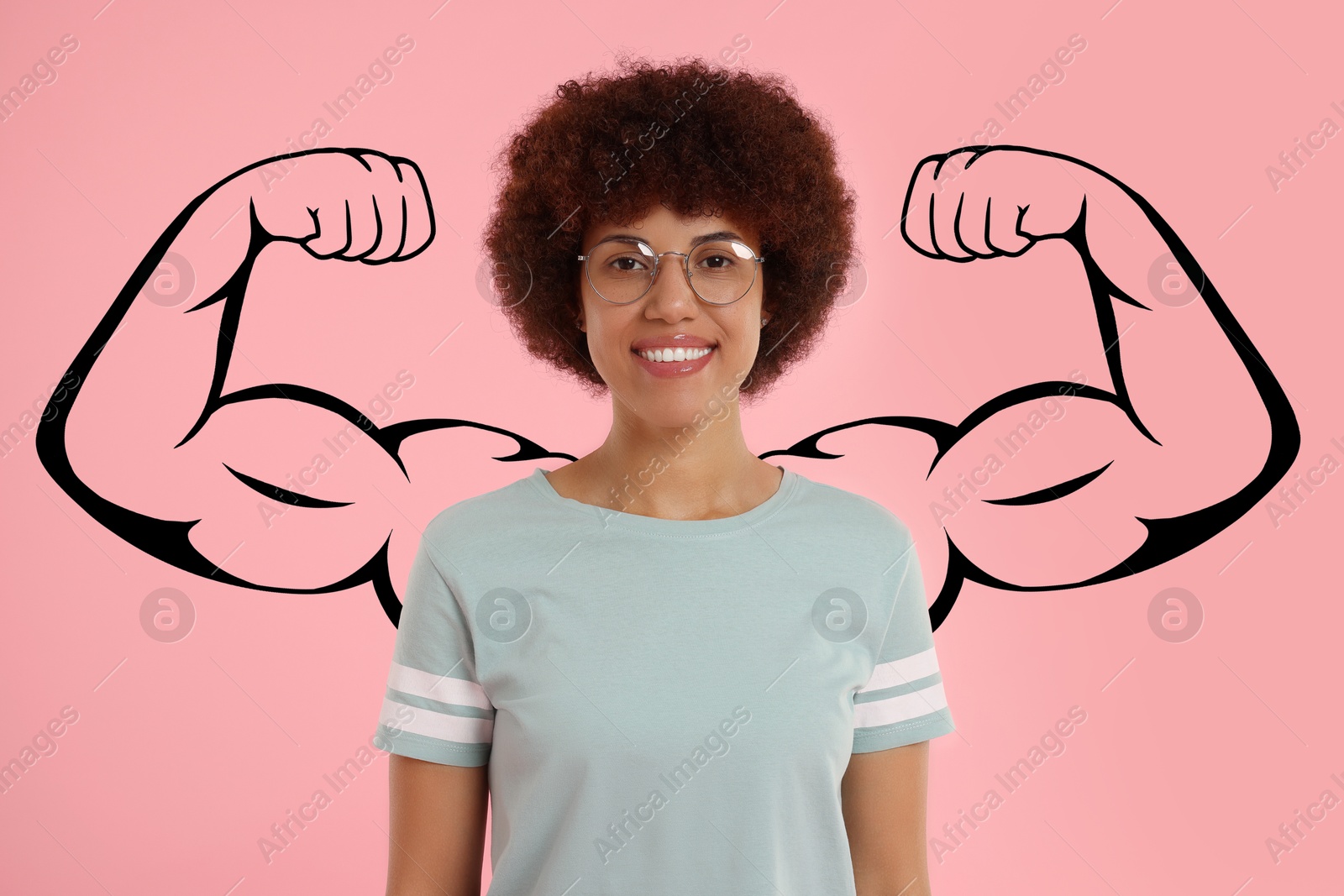 Image of Beautiful woman with drawing of strong arms behind her on pink background