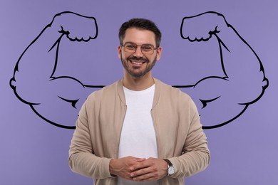 Image of Happy man with drawing of strong arms behind him on dark violet background