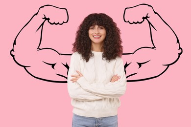 Image of Confident beautiful woman with drawing of strong arms behind her on pink background