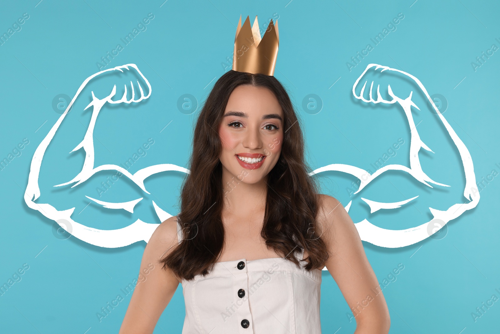 Image of Confident beautiful woman wearing golden crown on light blue background with drawing of strong arms behind her