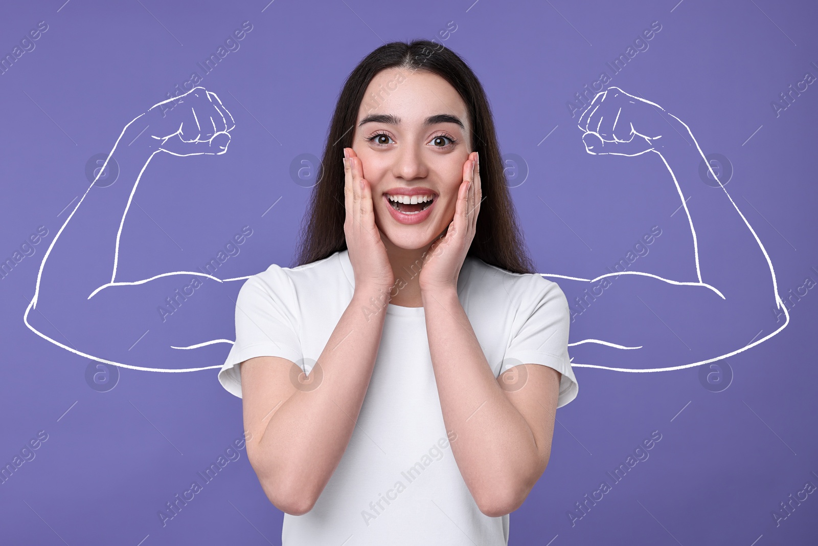 Image of Surprised young woman with drawing of strong arms behind her on dark violet background