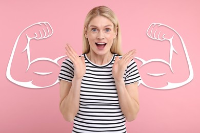 Image of Surprised beautiful woman with drawing of strong arms behind her on pink background