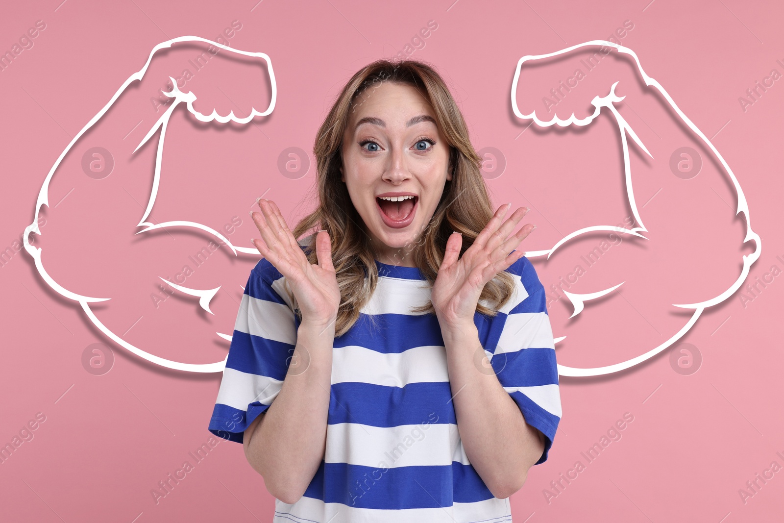 Image of Surprised beautiful woman with drawing of strong arms behind her on pink background