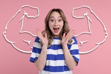 Image of Surprised beautiful woman with drawing of strong arms behind her on pink background