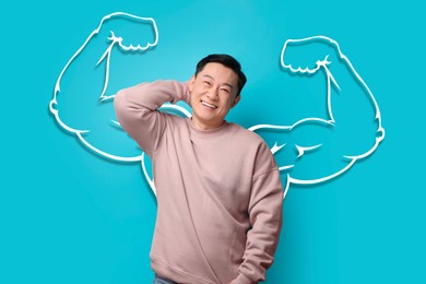 Image of Happy man with drawing of strong arms behind him on light blue background