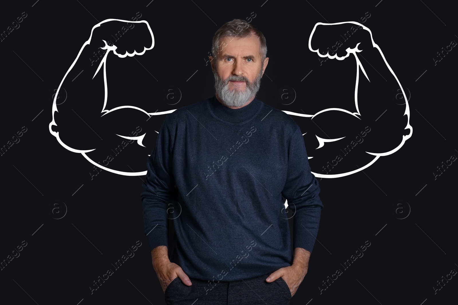 Image of Confident senior man with drawing of strong arms behind him on black background