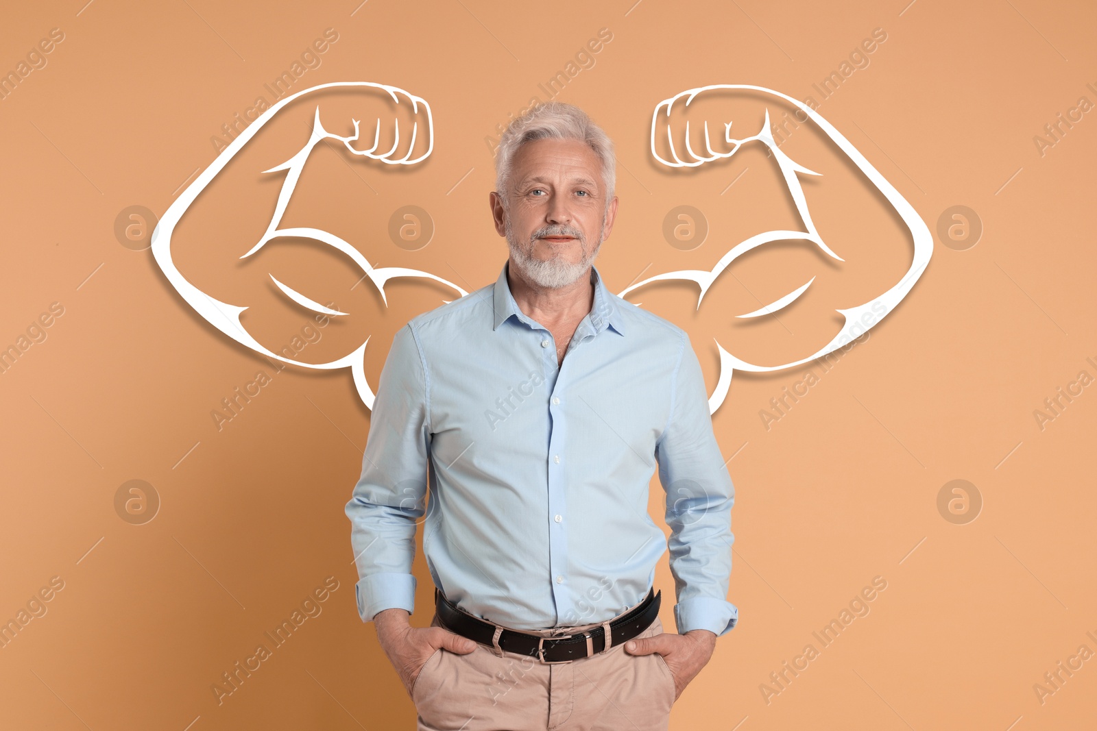 Image of Confident senior man with drawing of strong arms behind him on dark beige background