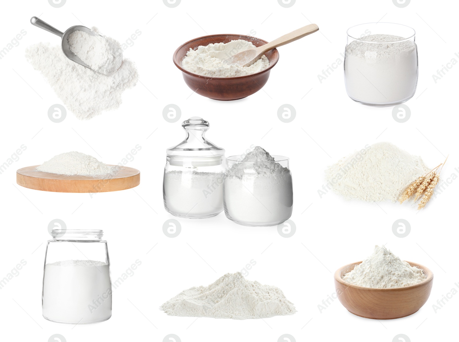 Image of Flour isolated on white, set. Bowls, jars and scoop