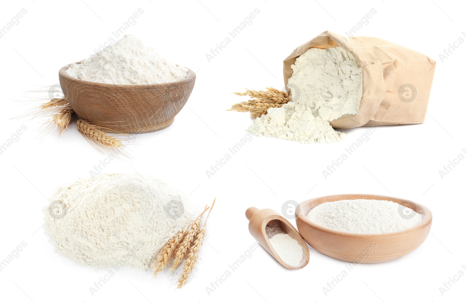 Image of Flour isolated on white, set. Paper bag, bowls and scoop