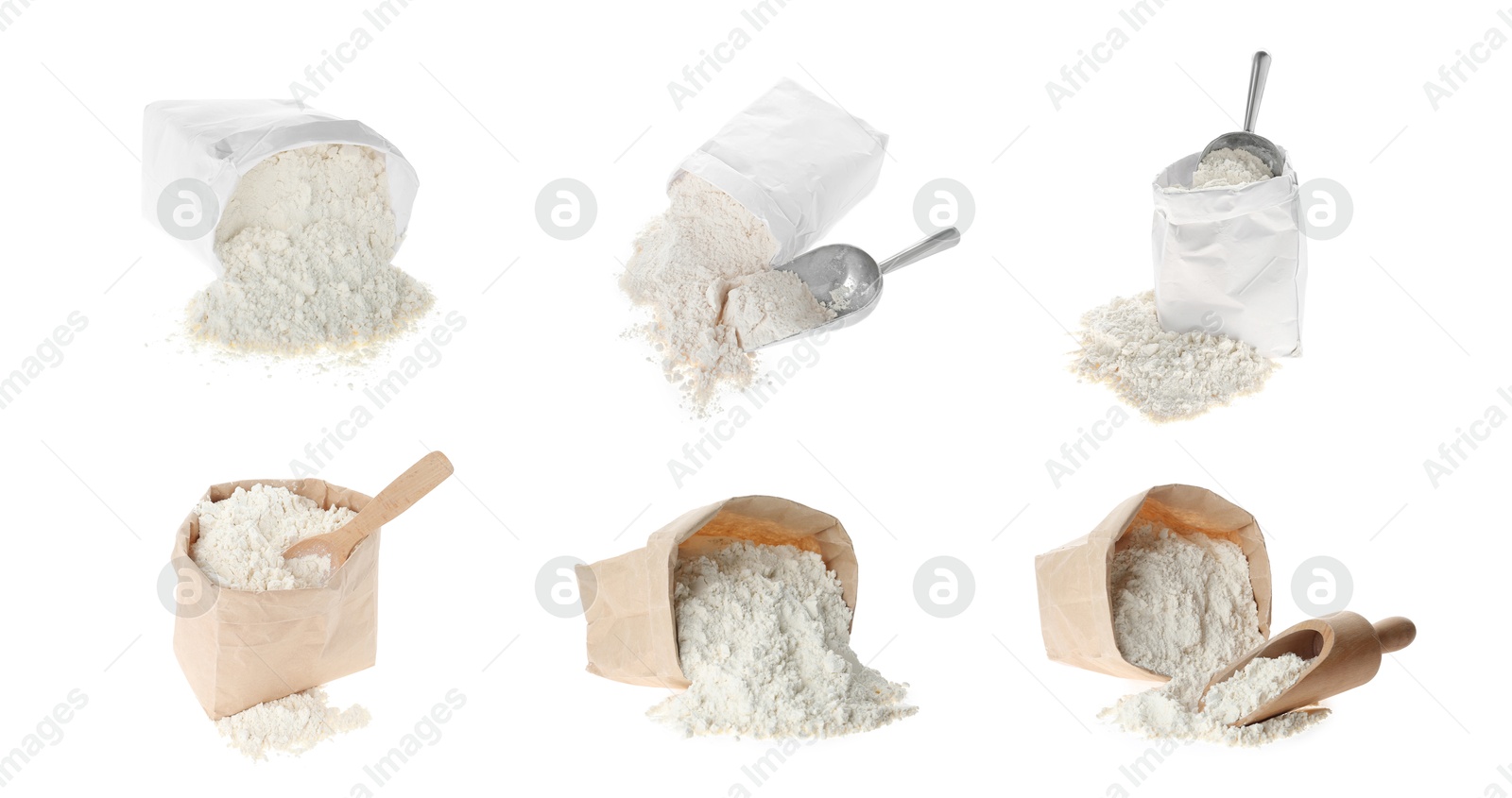 Image of Flour isolated on white, set. Paper bags and scoops