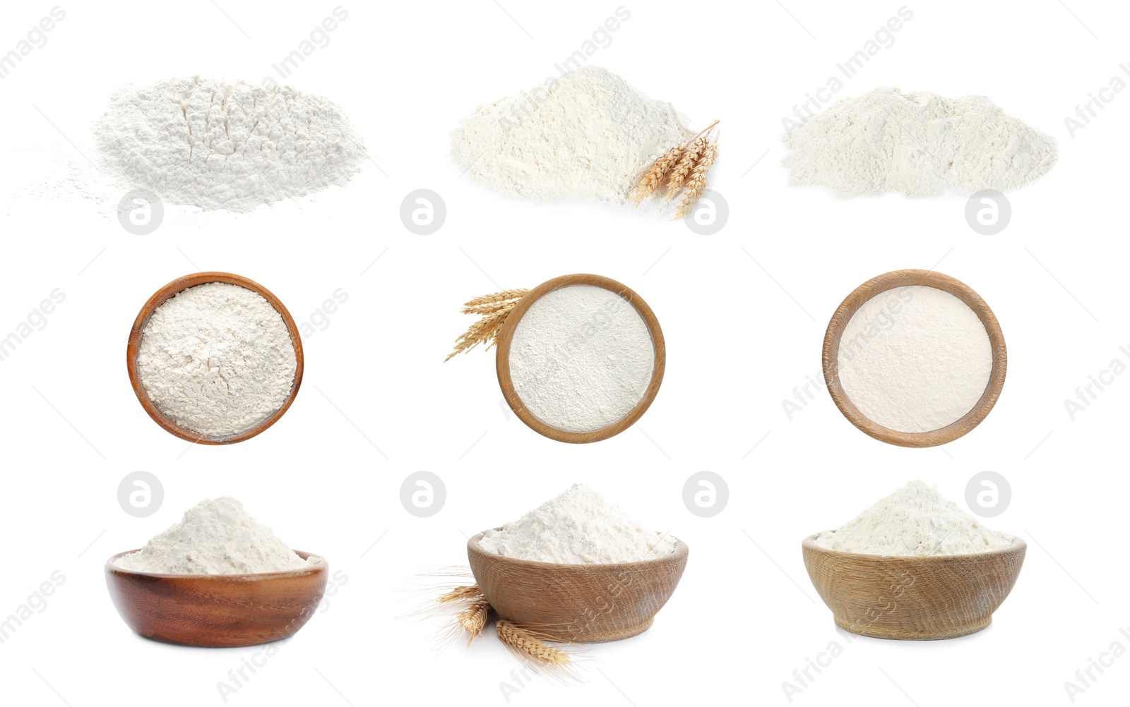 Image of Flour isolated on white, set. Heaps and bowls