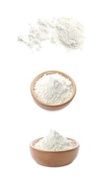 Image of Flour isolated on white, set. Heap and bowl