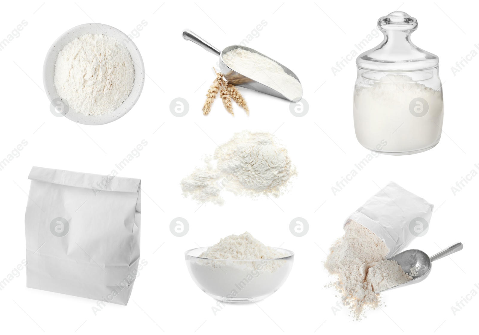 Image of Flour isolated on white, set. Bowls, jar, paper bag and scoop