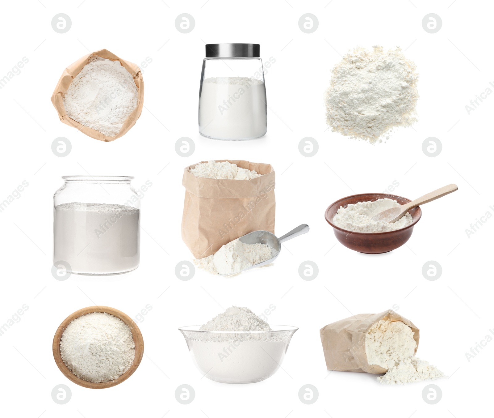 Image of Flour isolated on white, set. Bowls, jars, paper bag and scoop