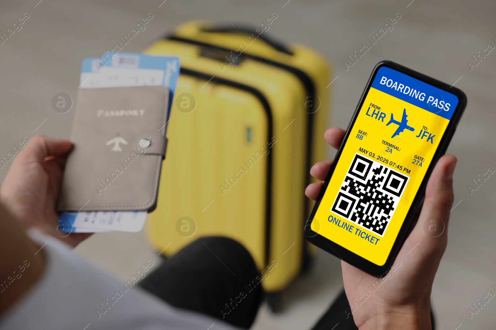 Image of Tourist with passport, flight tickets and mobile phone indoors, above view. Online ticket with QR code on device screen