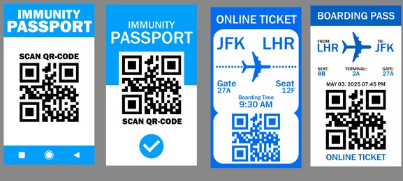 Illustration of Immunity passport and online ticket with QR codes on grey background