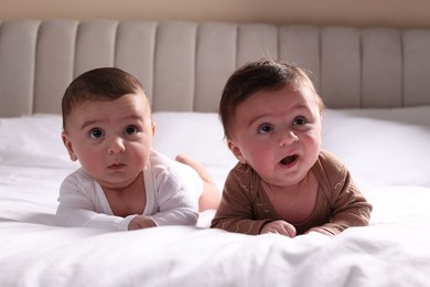 Photo of Cute twin babies resting on bed indoors