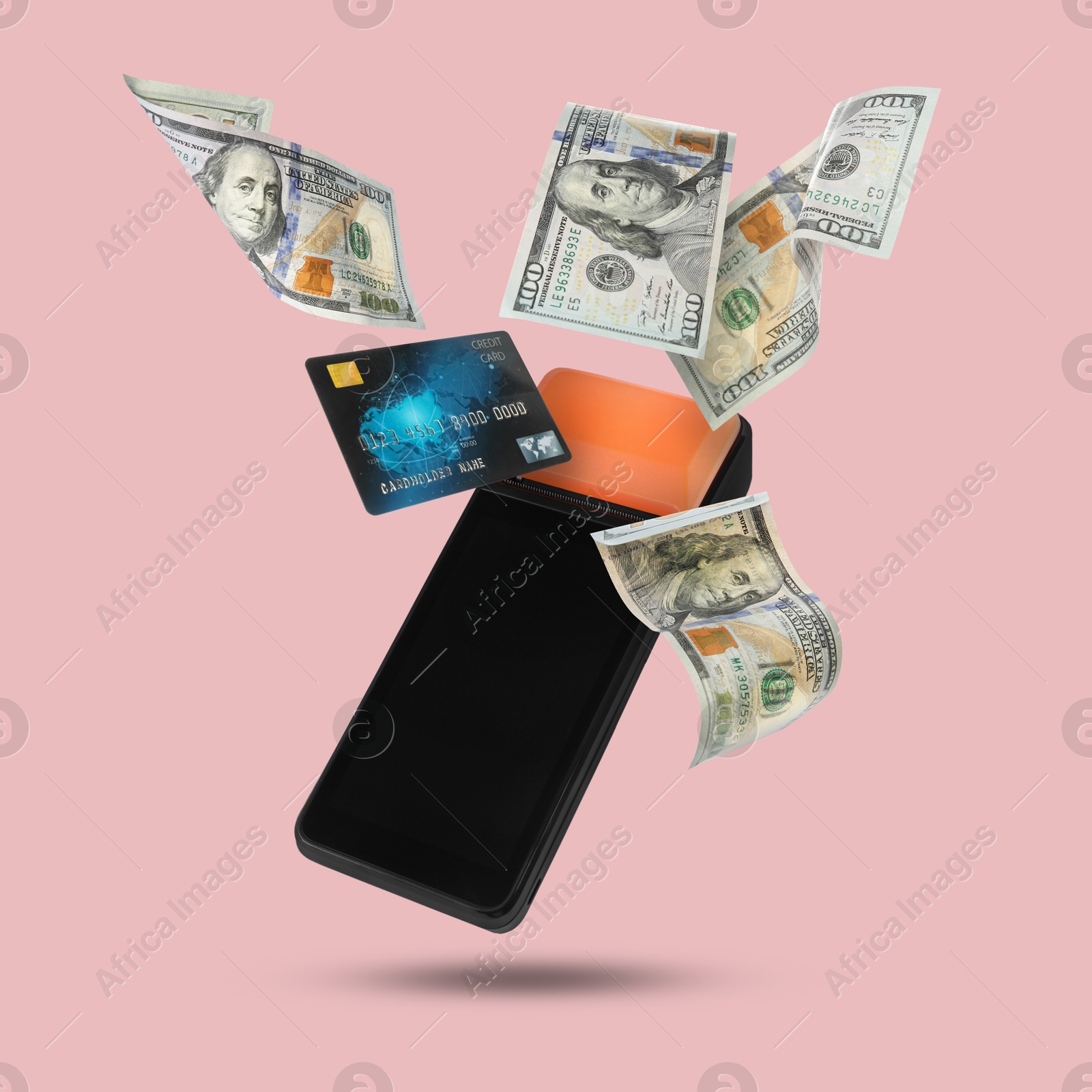 Image of Payment terminal, credit card and dollars in air on pink background