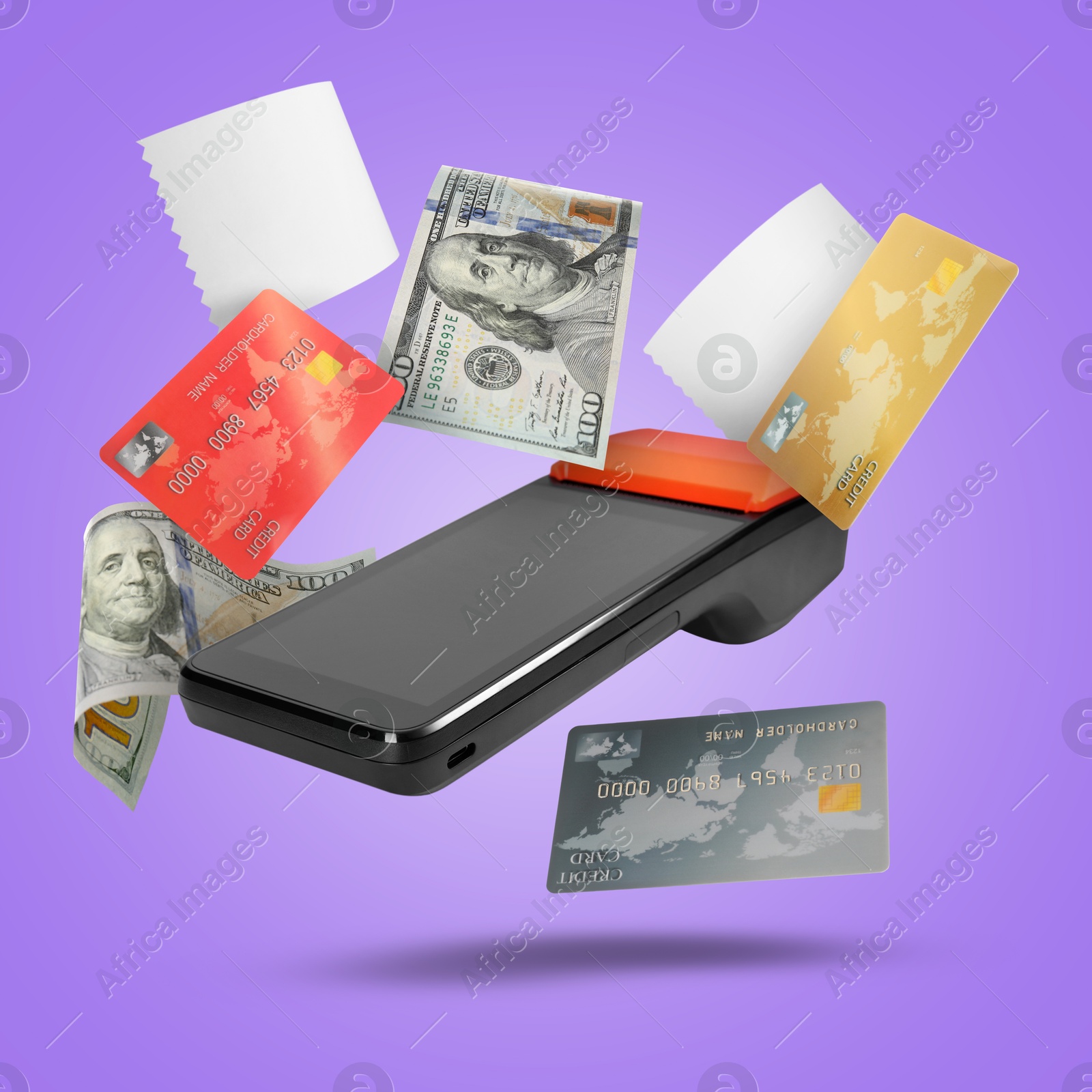 Image of Payment terminal, bank cards, dollars and receipt in air on violet background