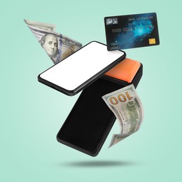 Image of Payment terminal, bank card, dollars and mobile phone in air on turquoise background