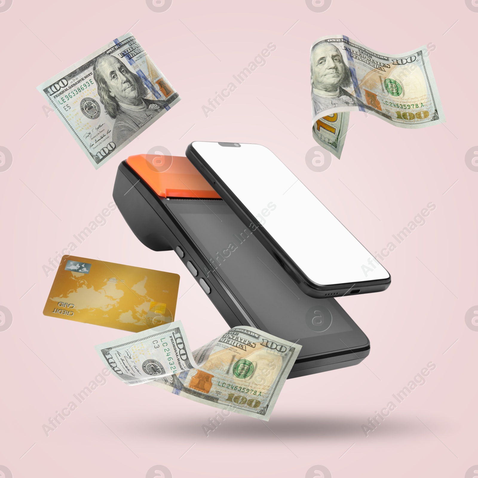 Image of Payment terminal, bank card, dollars and mobile phone in air on pink background