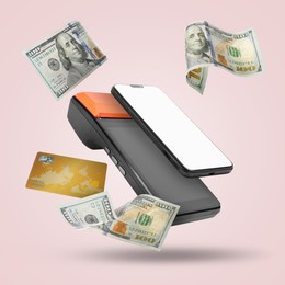 Image of Payment terminal, bank card, dollars and mobile phone in air on pink background