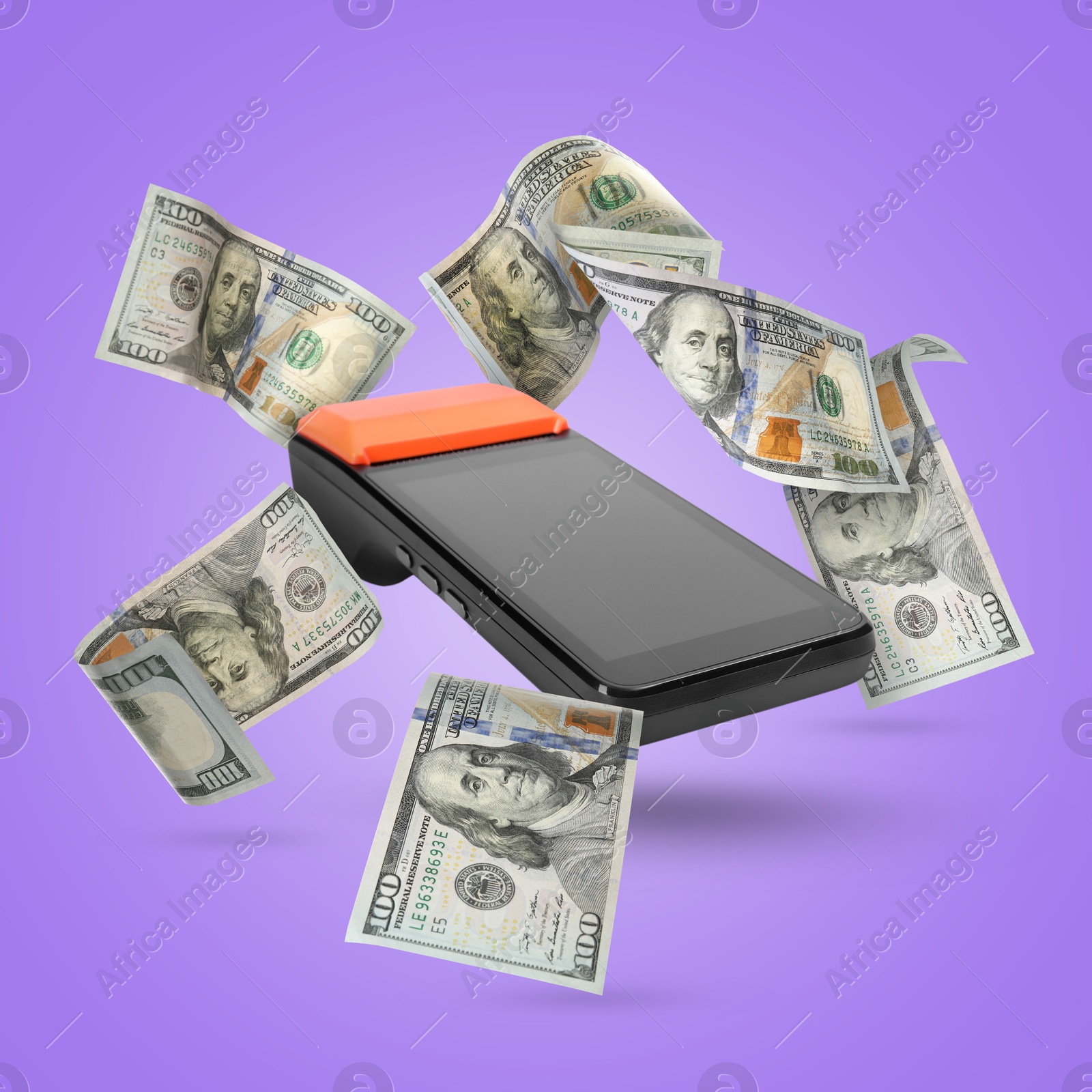 Image of Payment terminal and dollars in air on violet background