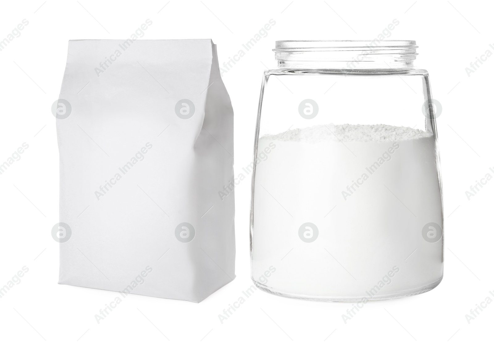 Image of Flour in paper bag and glass jar isolated on white, set