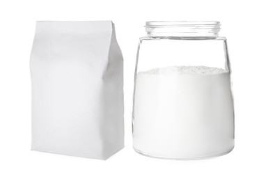 Image of Flour in paper bag and glass jar isolated on white, set