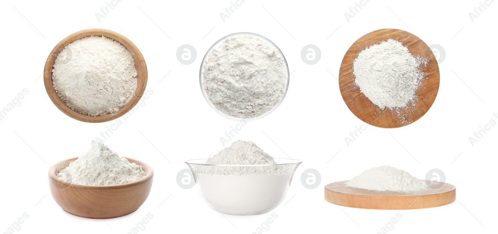 Image of Flour isolated on white, set. Bowls and board