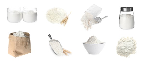 Image of Flour isolated on white, set. Bowl, jars, paper bags and scoop