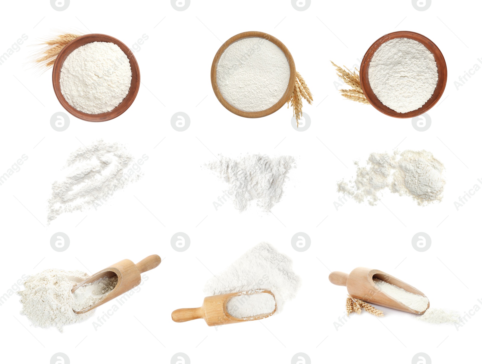 Image of Flour isolated on white, set. Bowls and scoop