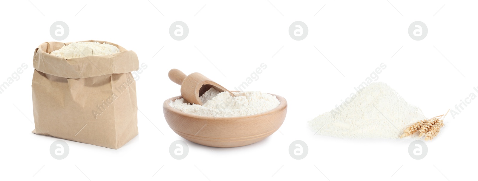 Image of Flour isolated on white, set. Bowl, scoop and paper bag