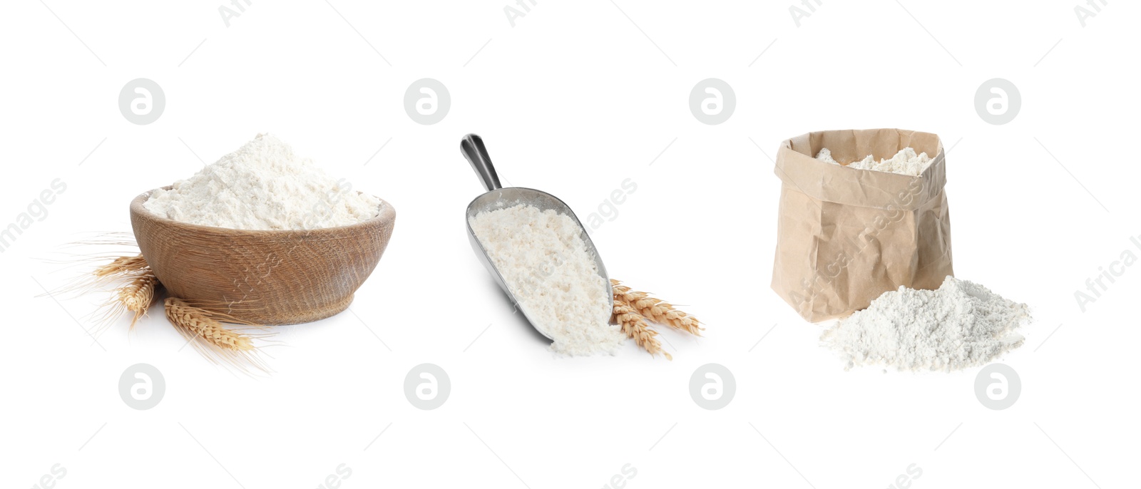 Image of Flour isolated on white, set. Bowl, paper bag and scoop