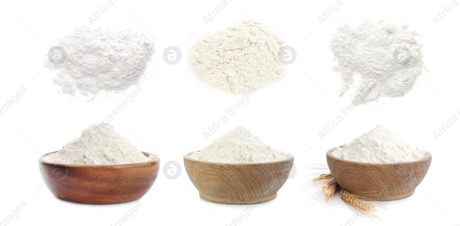 Image of Flour isolated on white, set. Heaps and bowls