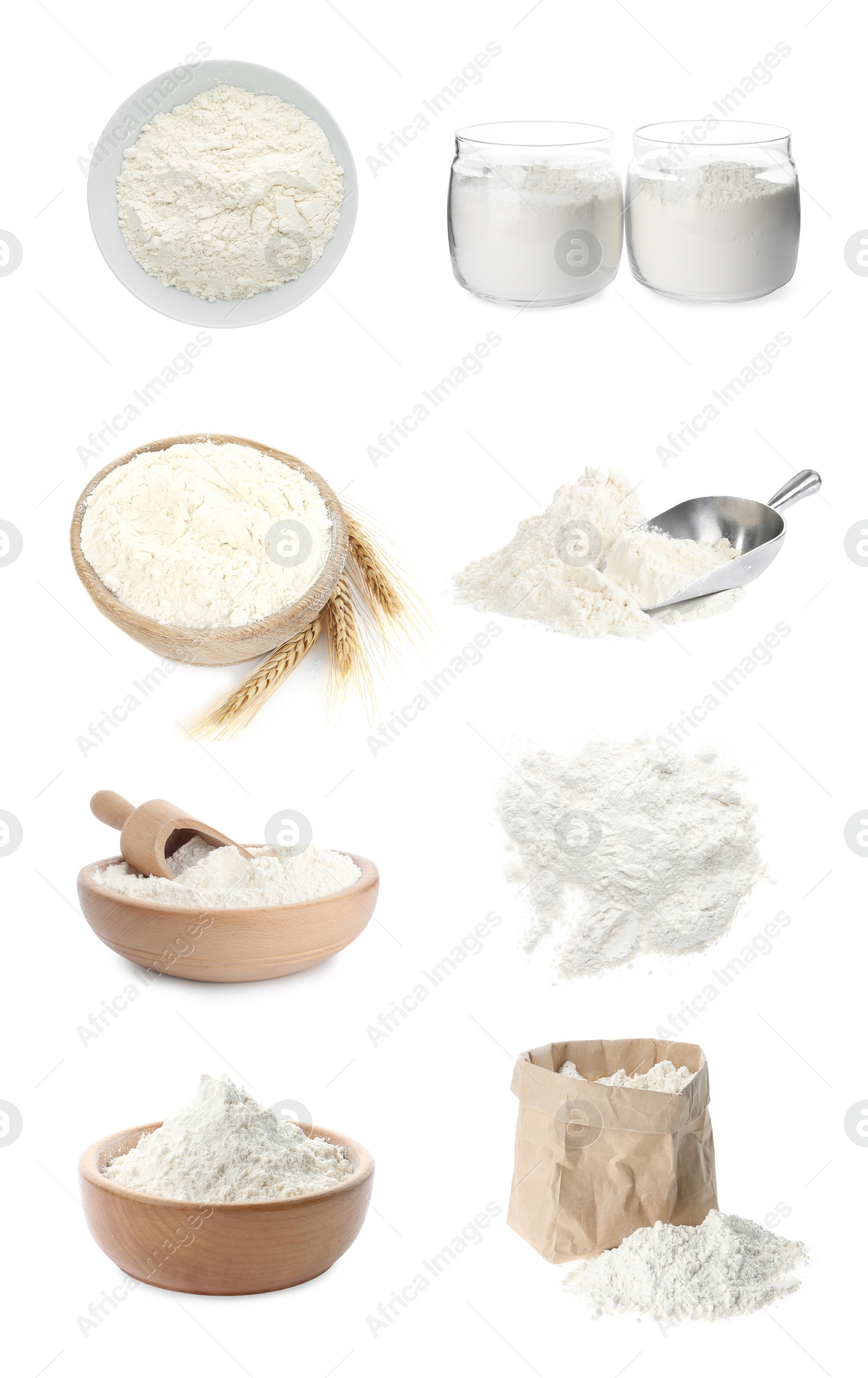 Image of Flour isolated on white, set. Bowls, jars, paper bag and scoops