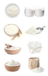 Image of Flour isolated on white, set. Bowls, jars, paper bag and scoops