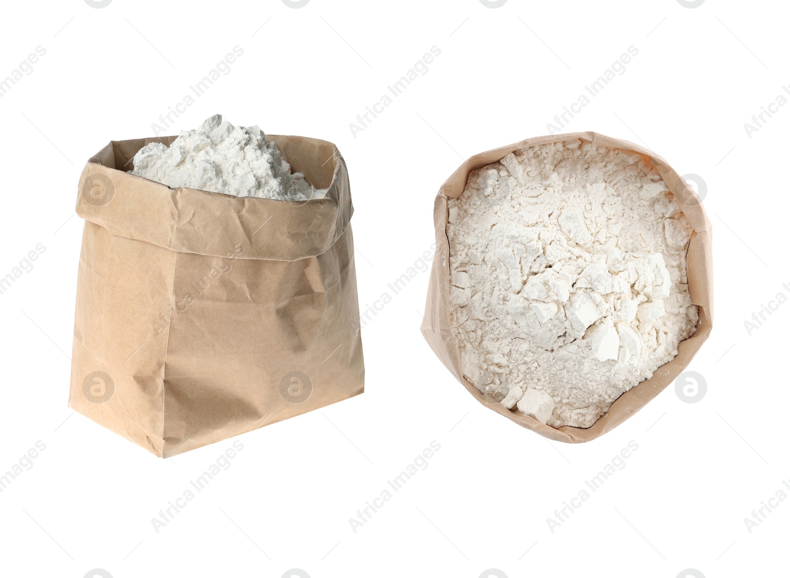 Image of Flour in paper bag isolated on white, set. Top and side views