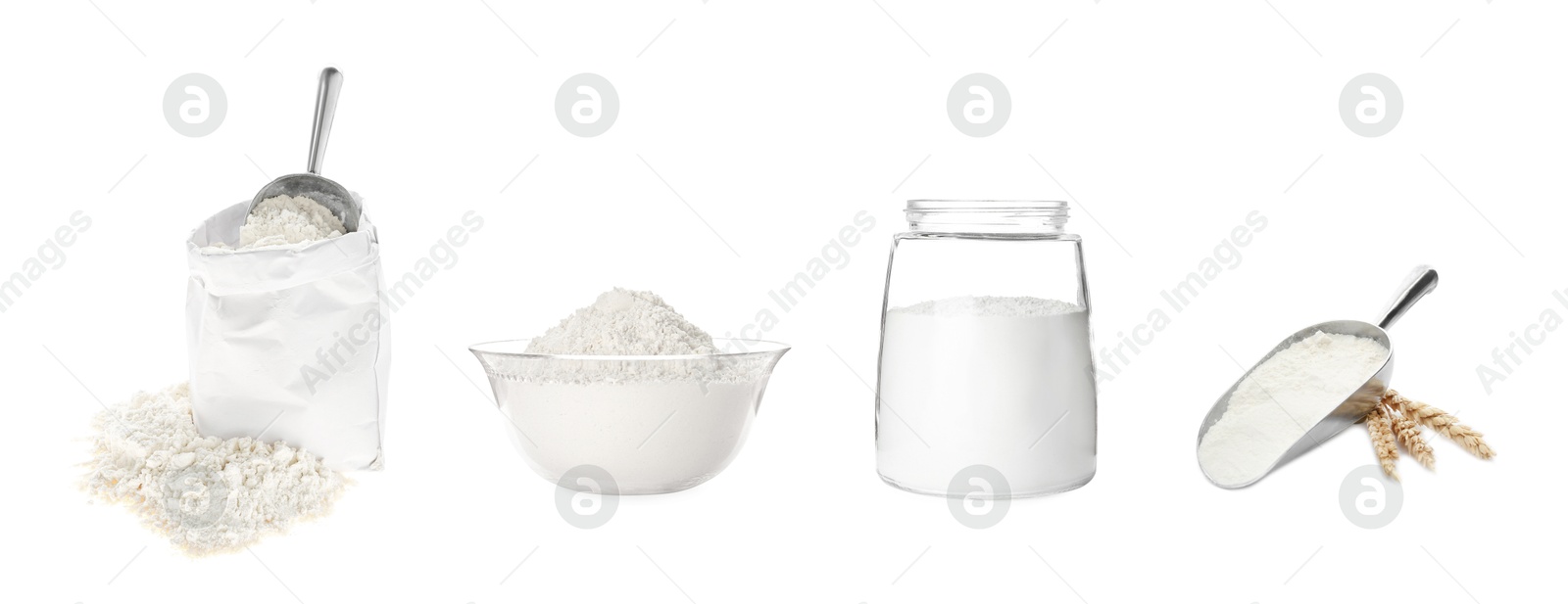 Image of Flour isolated on white, set. Bowl, jar, paper bag and scoop