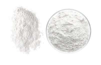 Image of Flour isolated on white, set. Heap and bowl